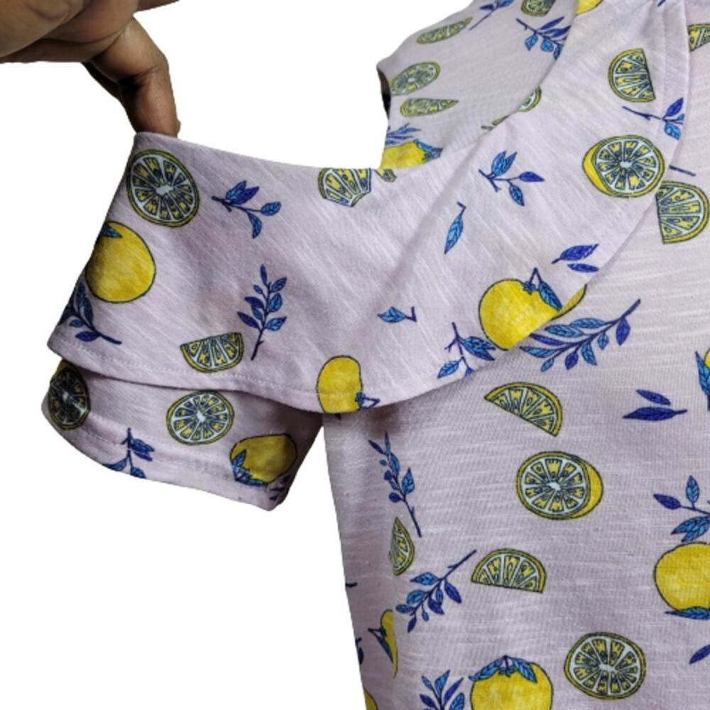 Juicy Couture Women's Lemon Print Purple Combo Ruffle Cold-Shoulder Top Size XL - Picture 6 of 8